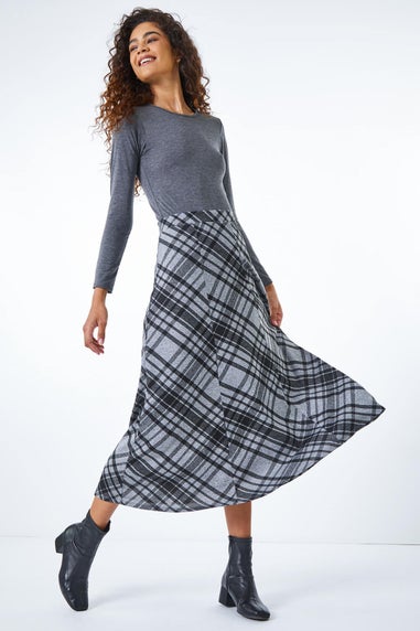 Roman Grey Elastic Waist Check Print Stretch Skirt