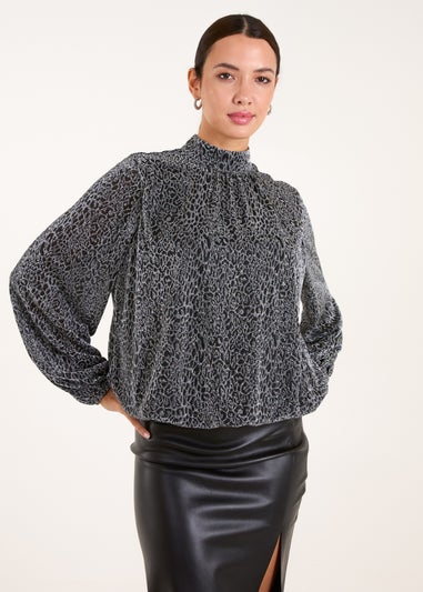 Blue Vanilla Silver High Neck Puffball Hem Blouse