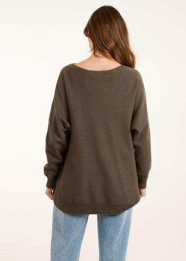 Blue Vanilla Khaki Pocket Slash Neck Jumper