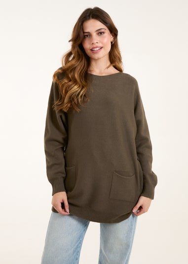 Blue Vanilla Khaki Pocket Slash Neck Jumper