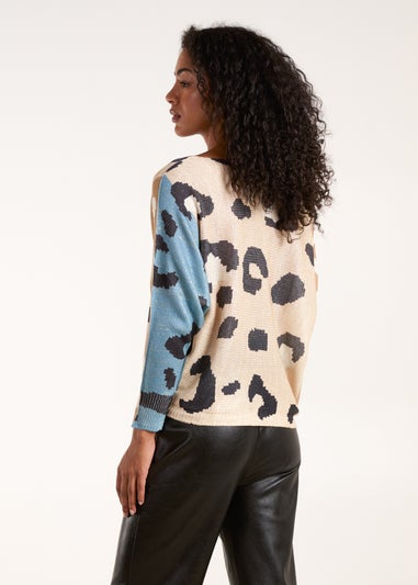 Blue Vanilla Brown Colour Block Leopard Fine Knit Jumper