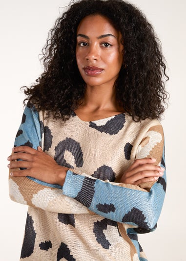 Blue Vanilla Brown Colour Block Leopard Fine Knit Jumper