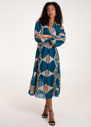 Blue Vanilla Teal Wrap Front Pleated Geometric Maxi Dress