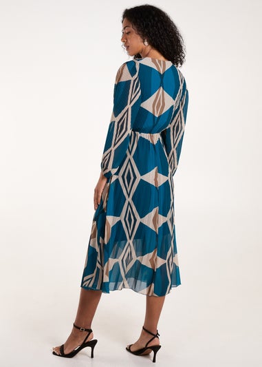 Blue Vanilla Teal Wrap Front Pleated Geometric Maxi Dress