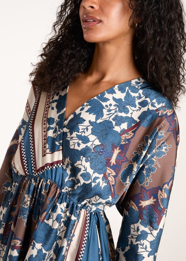 Blue Vanilla Teal Scarf Print Batwing Crossover Dress