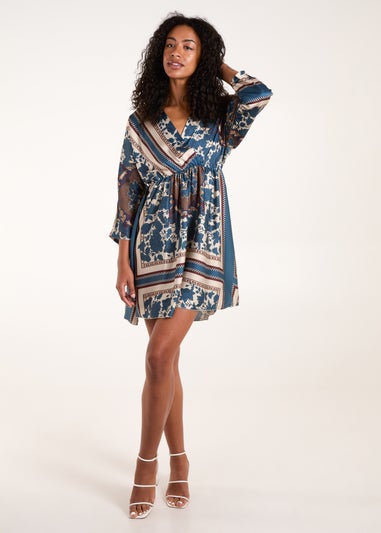 Blue Vanilla Teal Scarf Print Batwing Crossover Dress