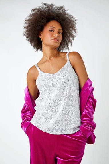 Dusk Silver Embellished Sequin Cami Top