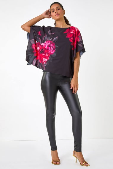 Roman Red Floral Print Chiffon Overlay Top