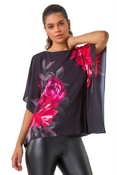 Roman Red Floral Print Chiffon Overlay Top