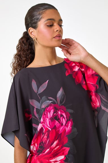 Roman Red Floral Print Chiffon Overlay Top