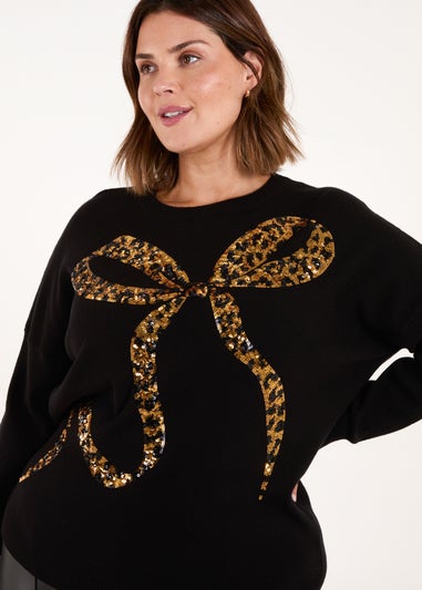 Blue Vanilla Gold Curve Sequin Christmas Leopard Bow Jumper