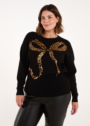 Blue Vanilla Gold Curve Sequin Christmas Leopard Bow Jumper