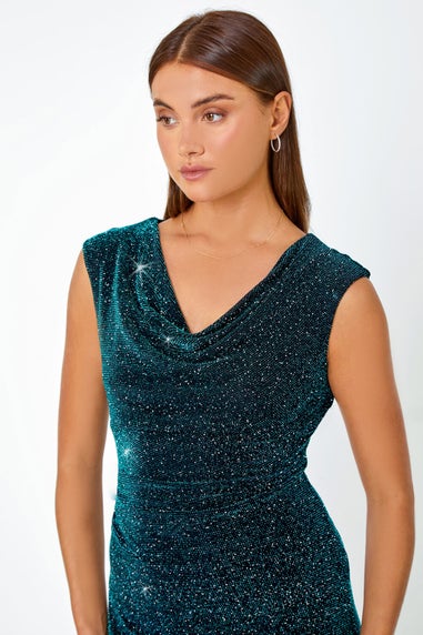 Roman Teal Shimmer Cowl Neck Stretch Dress