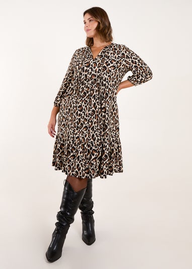 Blue Vanilla Black Curve Tie Neck Leopard Print Smock Dress