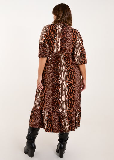 Blue Vanilla Brown Curve Patchwork Animal Midi Dress