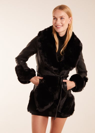 Blue Vanilla Black Faux Fur Collar PU Belted Coat