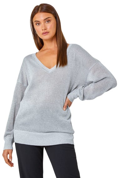 Roman Silver Relaxed Stretch Shimmer V-Neck Jumper