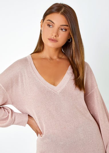 Roman Light Pink Relaxed Stretch Shimmer V-Neck Jumper