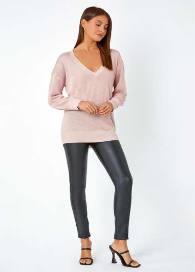 Roman Light Pink Relaxed Stretch Shimmer V-Neck Jumper