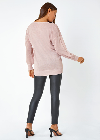 Roman Light Pink Relaxed Stretch Shimmer V-Neck Jumper