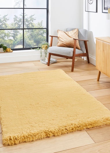 Think Rugs Super Teddy Mustard Plain Shaggy Rectangle Rug