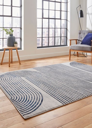 Think Rugs Apollo Grey/Navy Modern Linear Rectangle Rug