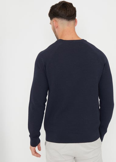 Threadbare Navy Textured Stripe Knitted Crew Neck Jumper