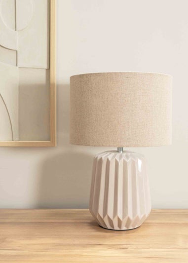 ValueLights Zak Gloss Stone Table Lamp with Cream Drum Shade