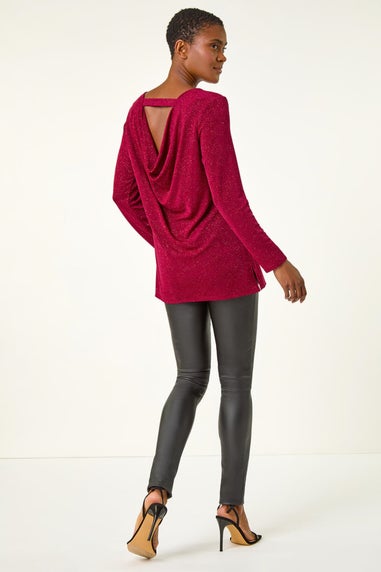 Roman Red Glitter Cowl Back Stretch Tunic Top