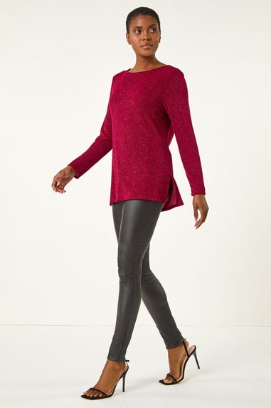 Roman Red Glitter Cowl Back Stretch Tunic Top