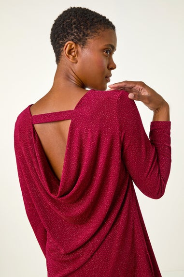 Roman Red Glitter Cowl Back Stretch Tunic Top