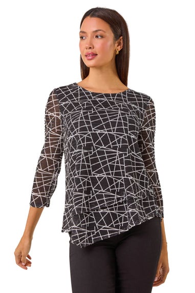 Roman Black Linear Print Asymmetric Hem Stretch Top