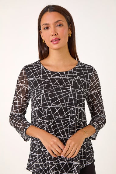 Roman Black Linear Print Asymmetric Hem Stretch Top