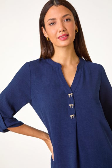 Roman Navy Longline Bow Button Woven Top