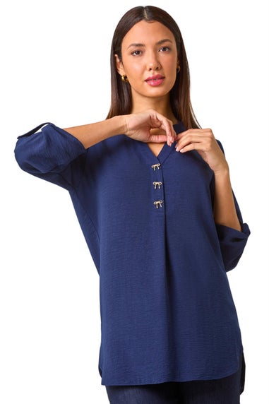 Roman Navy Longline Bow Button Woven Top