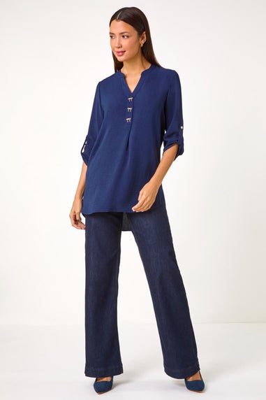 Roman Navy Longline Bow Button Woven Top