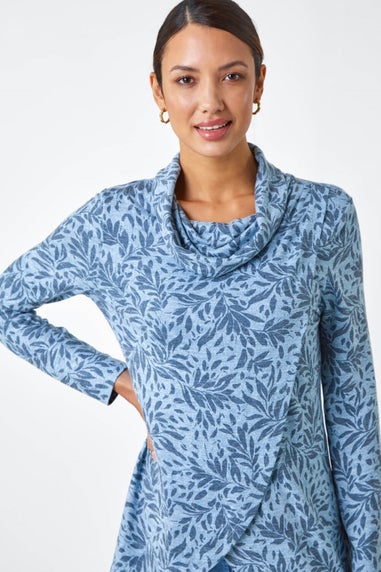 Roman Blue Floral Print Cowl Neck Stretch Top