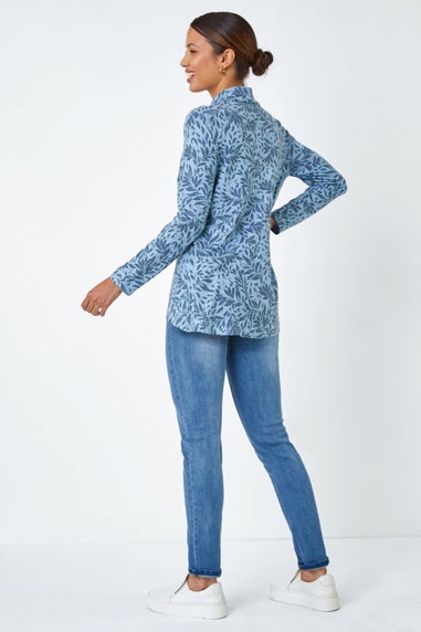 Roman Blue Floral Print Cowl Neck Stretch Top