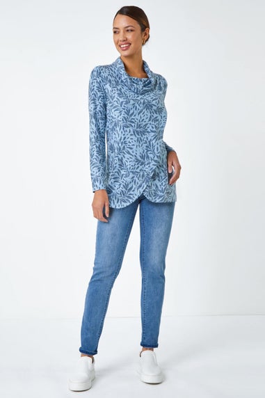 Roman Blue Floral Print Cowl Neck Stretch Top