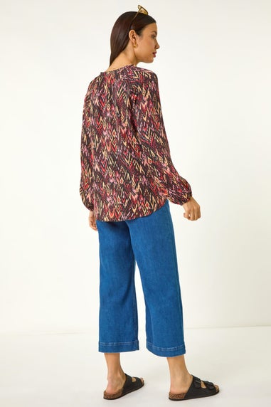 Roman Orange Aztec Print V-Neck Cuff Sleeve Top