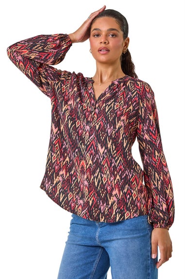 Roman Orange Aztec Print V-Neck Cuff Sleeve Top