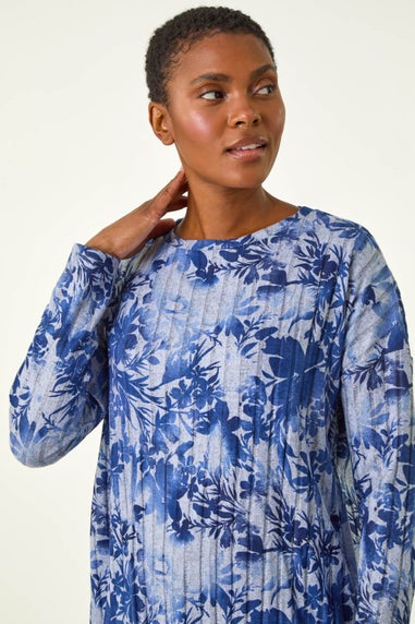 Roman Blue Floral Print Ribbed Top