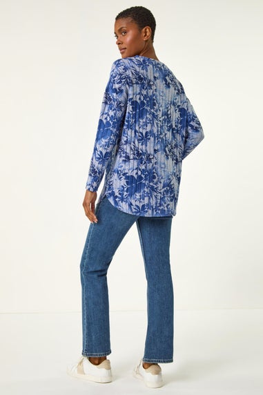 Roman Blue Floral Print Ribbed Top