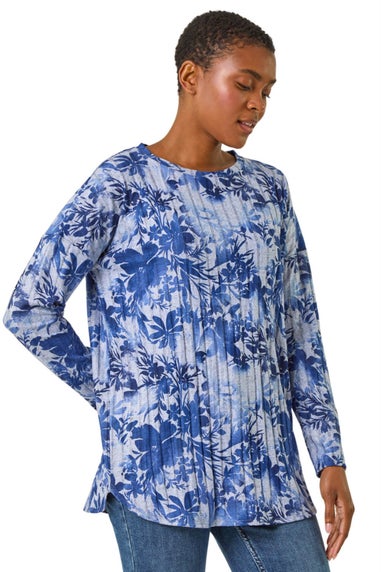 Roman Blue Floral Print Ribbed Top