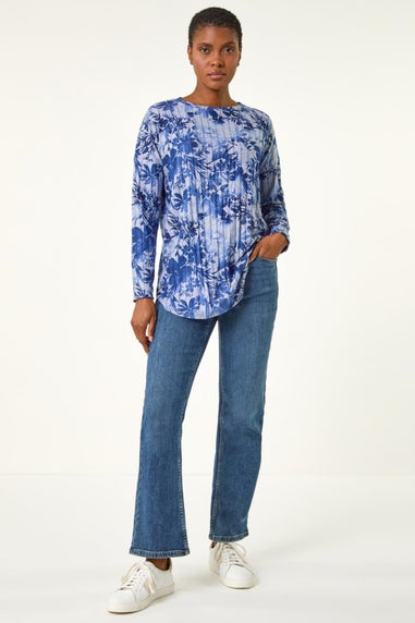 Roman Blue Floral Print Ribbed Top