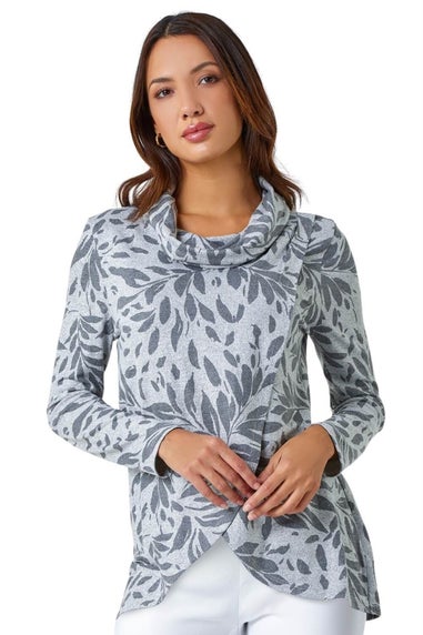 Roman Grey Floral Print Cowl Neck Stretch Top