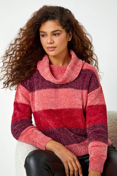 Roman Burgundy Chenille Striped Cowl Neck Jumper