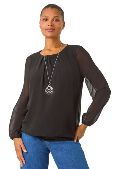 Roman Black Chiffon Banded Hem Pleated Top