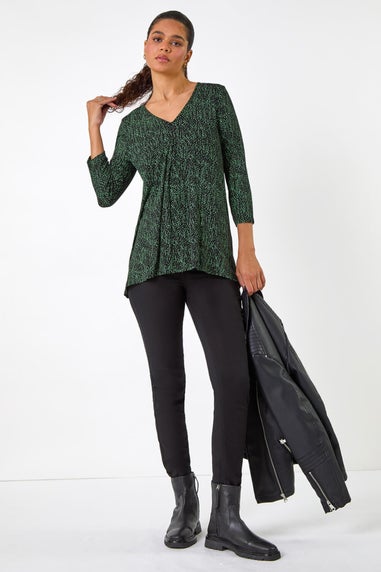 Roman Green Spot Print Pleat Front Tunic Top