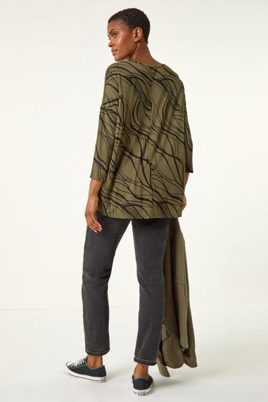 Roman Khaki Abstract Line Print Stretch Jersey Top